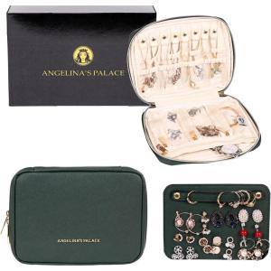 imageAngelinas Palace Large Jewelry Organizer Case Bridesmaid Gifts Vegan Leather Waterproof Travel Jewelry Storage Bag for Necklace Earring Bracelet Ringsoft pinkdeep evergreen