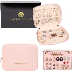 imageAngelinas Palace Large Jewelry Organizer Case Bridesmaid Gifts Vegan Leather Waterproof Travel Jewelry Storage Bag for Necklace Earring Bracelet Ringsoft pinksoft pink