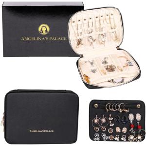 imageAngelinas Palace Large Jewelry Organizer Case Bridesmaid Gifts Vegan Leather Waterproof Travel Jewelry Storage Bag for Necklace Earring Bracelet Ringsoft pinkblack