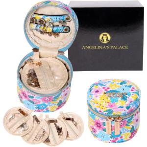 imageAngelinas Palace Round Jewelry Organizer Case Travel Bag Bridesmaid Gifts Vegan Leather Box for Necklace Earring Bracelet Ringblossom fuschiaBlossom blue