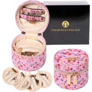 imageAngelinas Palace Round Jewelry Organizer Case Travel Bag Bridesmaid Gifts Vegan Leather Box for Necklace Earring Bracelet Ringblossom fuschiaBlossom pink