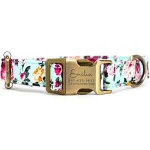 imagePersonalized Dog Collar with Name and Phone Number EngravedAdjustable Custom Puppy CollarOrganic Cotton Pet Collar for Small Medium Large Boy Girl DogsBouquet Blue