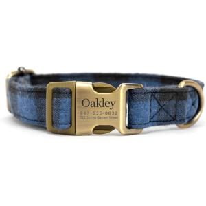 imagePersonalized Dog Collar with Name and Phone Number EngravedAdjustable Custom Puppy CollarOrganic Cotton Pet Collar for Small Medium Large Boy Girl DogsPlaid Blue