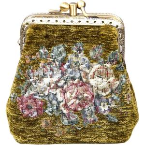 imageBurnout Velvet Double Kiss Clasp Coin Purse PouchVintage Change Wallet Card HolderAvocado Rose Bouquet
