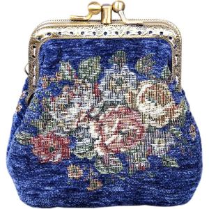 imageBurnout Velvet Double Kiss Clasp Coin Purse PouchVintage Change Wallet Card HolderBlue Rose Bouquet