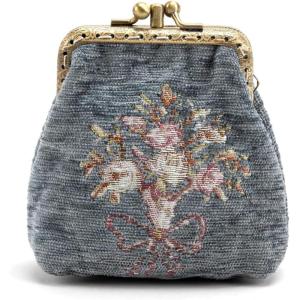 imageBurnout Velvet Double Kiss Clasp Coin Purse PouchVintage Change Wallet Card HolderBouquet Pattern Grey