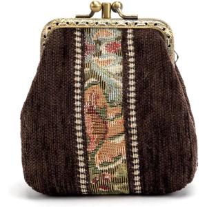 imageBurnout Velvet Double Kiss Clasp Coin Purse PouchVintage Change Wallet Card HolderFloral Stripes Brown