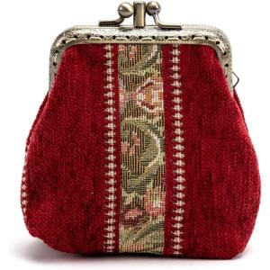 imageBurnout Velvet Double Kiss Clasp Coin Purse PouchVintage Change Wallet Card HolderFloral Stripes Red