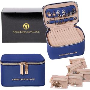 imageAngelinas Palace Jewelry Organizer Case Bridesmaid Gifts Travel Bag Vegan Leather Box for Necklace Earring Bracelet Ringblossom pinkdark chambray