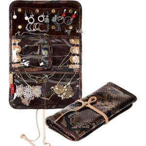 imageAngelinas Palace Lygen Leather Travel Jewelry Organizer Roll Foldable Jewelry Storage Bag Portable Holder Zipper Pockets for Necklaces Earrings Bracelets Rings Watches Brown SnakeskinBrown snakeskin