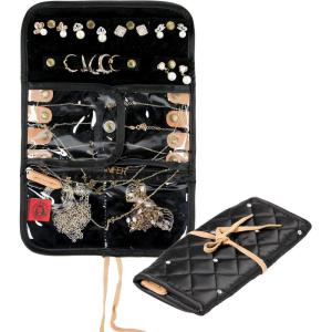 imageAngelinas Palace Lygen Leather Travel Jewelry Organizer Roll Foldable Jewelry Storage Bag Portable Holder Zipper Pockets for Necklaces Earrings Bracelets Rings Watches Brown SnakeskinDiamond black