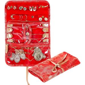 imageAngelinas Palace Lygen Leather Travel Jewelry Organizer Roll Foldable Jewelry Storage Bag Portable Holder Zipper Pockets for Necklaces Earrings Bracelets Rings Watches Brown SnakeskinMetallic gold