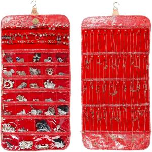 imageAngelinas Palace Tenby Jewelry Double Side Hanger Organizer Hook Hanging Closet Jewelry Storage Roll 24 Earring Ring Bars 28 Bracelet Pouches Watches Pocket 40 Necklaces LoopsAP GreenMetallic Gold
