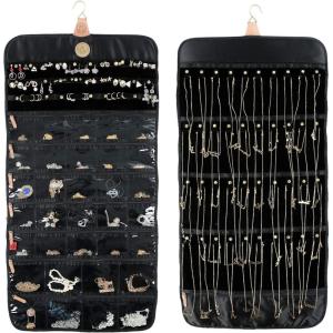 imageAngelinas Palace Tenby Jewelry Double Side Hanger Organizer Hook Hanging Closet Jewelry Storage Roll 24 Earring Ring Bars 28 Bracelet Pouches Watches Pocket 40 Necklaces LoopsAP GreenBlack