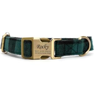 imagePersonalized Dog Collar with Name and Phone Number EngravedAdjustable Custom Puppy CollarOrganic Cotton Pet Collar for Small Medium Large Boy Girl DogsPlaid Green
