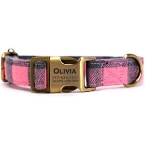 imagePersonalized Dog Collar with Name and Phone Number EngravedAdjustable Custom Puppy CollarOrganic Cotton Pet Collar for Small Medium Large Boy Girl DogsPlaid Pink