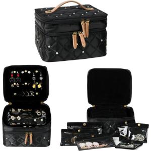 imageAngelinas Palace Jewelry Organizer Boxes for Women GirlsEiger Medium Travel Jewelry Case Storage Bag with Detachable Necklace Earring Bracelet Ring PouchesDiamond BlackDiamond Black