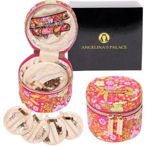 imageAngelinas Palace Round Jewelry Organizer Case Travel Bag Bridesmaid Gifts Vegan Leather Box for Necklace Earring Bracelet RingBlackBlossom fuschia