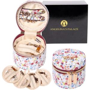 imageAngelinas Palace Round Jewelry Organizer Case Travel Bag Bridesmaid Gifts Vegan Leather Box for Necklace Earring Bracelet RingBlackBlossom wine