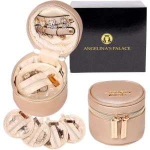 imageAngelinas Palace Round Jewelry Organizer Case Travel Bag Bridesmaid Gifts Vegan Leather Box for Necklace Earring Bracelet RingBlackChampagne