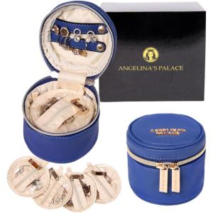 imageAngelinas Palace Round Jewelry Organizer Case Travel Bag Bridesmaid Gifts Vegan Leather Box for Necklace Earring Bracelet RingBlackDark chambray