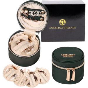 imageAngelinas Palace Round Jewelry Organizer Case Travel Bag Bridesmaid Gifts Vegan Leather Box for Necklace Earring Bracelet RingBlackDeep evergreen