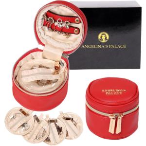 imageAngelinas Palace Round Jewelry Organizer Case Travel Bag Bridesmaid Gifts Vegan Leather Box for Necklace Earring Bracelet RingBlackLight red