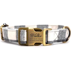 imagePersonalized Dog Collar with Name and Phone Number EngravedAdjustable Custom Puppy CollarOrganic Cotton Pet Collar for Small Medium Large Boy Girl DogsPlaid Grey