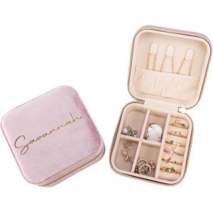 imageAngelinas Palace Personalized Italian Velvet Jewelry Case With Name Necklace Ring Storage Box Monogram Travel Jewelry Organizer Wedding Party Bridesmaid Gift for HerBaby pink
