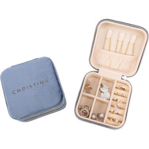 imageAngelinas Palace Personalized Italian Velvet Jewelry Case With Name Necklace Ring Storage Box Monogram Travel Jewelry Organizer Wedding Party Bridesmaid Gift for HerSteel Blue