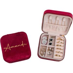imageAngelinas Palace Personalized Italian Velvet Jewelry Case With Name Necklace Ring Storage Box Monogram Travel Jewelry Organizer Wedding Party Bridesmaid Gift for HerDeep Red