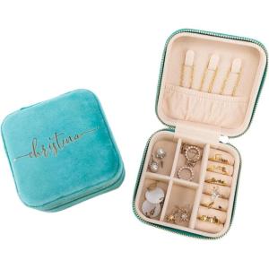 imageAngelinas Palace Personalized Italian Velvet Jewelry Case With Name Necklace Ring Storage Box Monogram Travel Jewelry Organizer Wedding Party Bridesmaid Gift for HerTurquoise