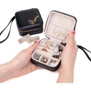 imageAngelinas Palace Personalized Jewelry Case with Name EngravedCustom Leather Travel Jewelry Organizer Box for RingsEarringsNecklacesBirthday Bridesmaid Gift For Women GirlsBlack