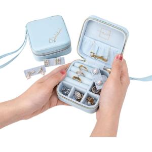imageAngelinas Palace Personalized Jewelry Case with Name EngravedCustom Leather Travel Jewelry Organizer Box for RingsEarringsNecklacesBirthday Bridesmaid Gift For Women GirlsPale Blue