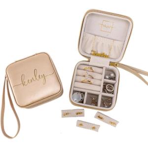 imageAngelinas Palace Personalized Jewelry Case with Name EngravedCustom Leather Travel Jewelry Organizer Box for RingsEarringsNecklacesBirthday Bridesmaid Gift For Women GirlsTan