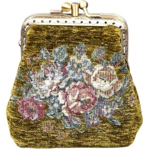 imageCarpet Bag Double Kiss Clasp Coin Purse PouchVintage Change Wallet Card HolderAvocado Rose Bouquet