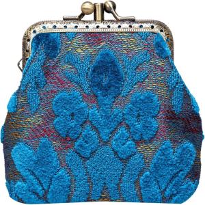 imageCarpet Bag Double Kiss Clasp Coin Purse PouchVintage Change Wallet Card HolderBurnout Velvet Aqua Blue