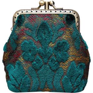imageCarpet Bag Double Kiss Clasp Coin Purse PouchVintage Change Wallet Card HolderBurnout Velvet Jade Green