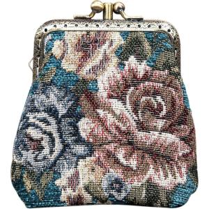imageCarpet Bag Double Kiss Clasp Coin Purse PouchVintage Change Wallet Card HolderFloral Teal