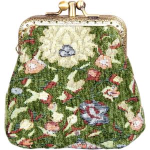 imageCarpet Bag Double Kiss Clasp Coin Purse PouchVintage Change Wallet Card HolderOriental Arugula Green