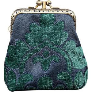 imageCarpet Bag Double Kiss Clasp Coin Purse PouchVintage Change Wallet Card HolderQueen Hunter Green